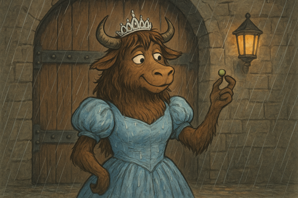 A personified yak mascot dressed as a wet princess holding a single pea in the rain at a castle gate.