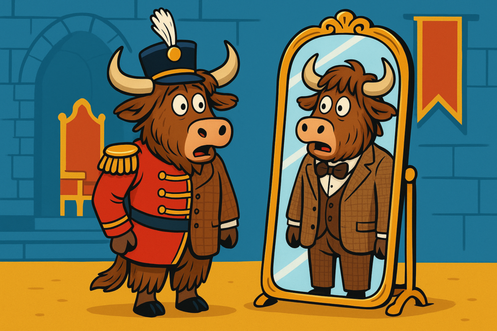A personified yak dressed in a half-royal, half-English suit looks into a mirror with a startled expression, representing the dual identity theme from 'The Prisoner of Zenda'.