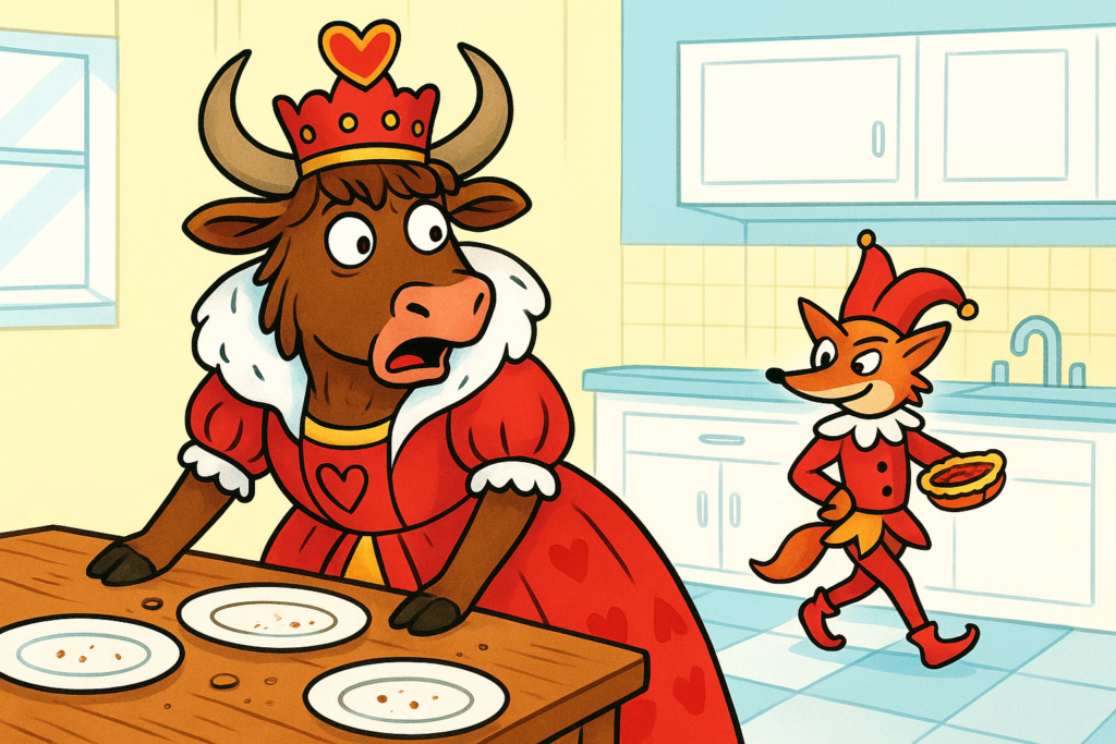 The Yak Yacker mascot, a personified shaggy yak dressed as the Queen of Hearts in a red crown and gown, stands by a kitchen table with empty plates, looking surprised, while the Knave sneaks away holding a tart.
