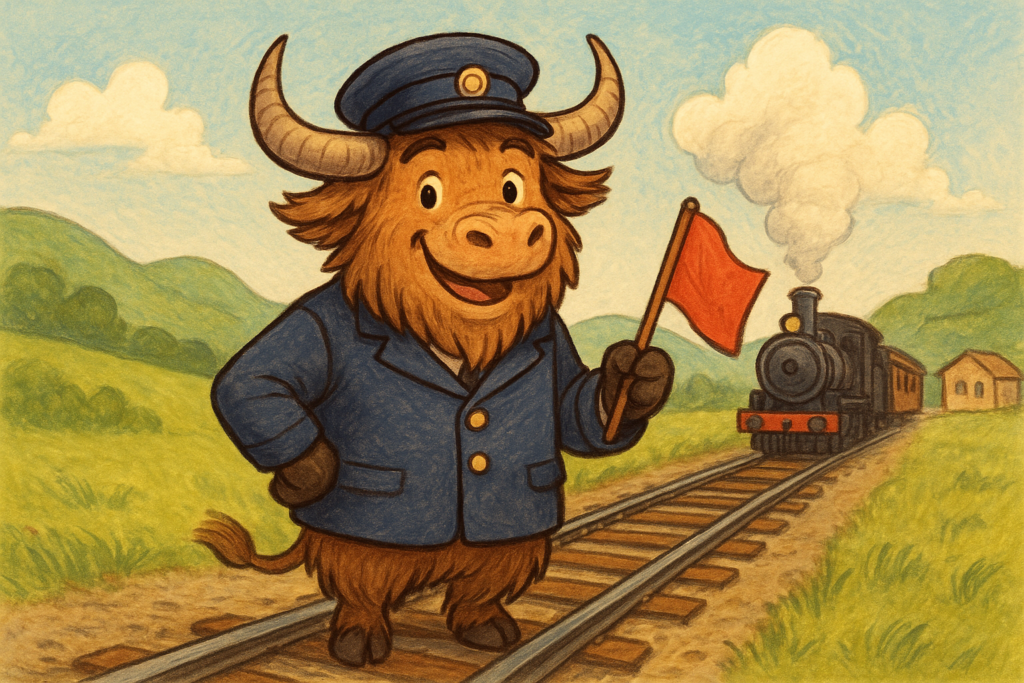 A charming personified yak dressed as a vintage train conductor stands by a railway track, holding a red flag, with an approaching steam train in the background.