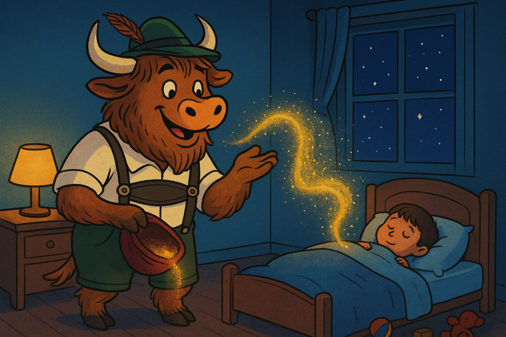 A friendly anthropomorphic yak dressed in lederhosen and a green hat with a feather, holding a glowing velvet bag and blowing golden sand in a cozy bedroom at night.