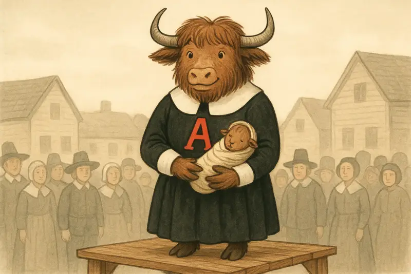 A friendly yak mascot dressed as a Puritan woman stands on a scaffold, holding a baby yak, with a red letter 'A' on her chest, in a colonial marketplace.