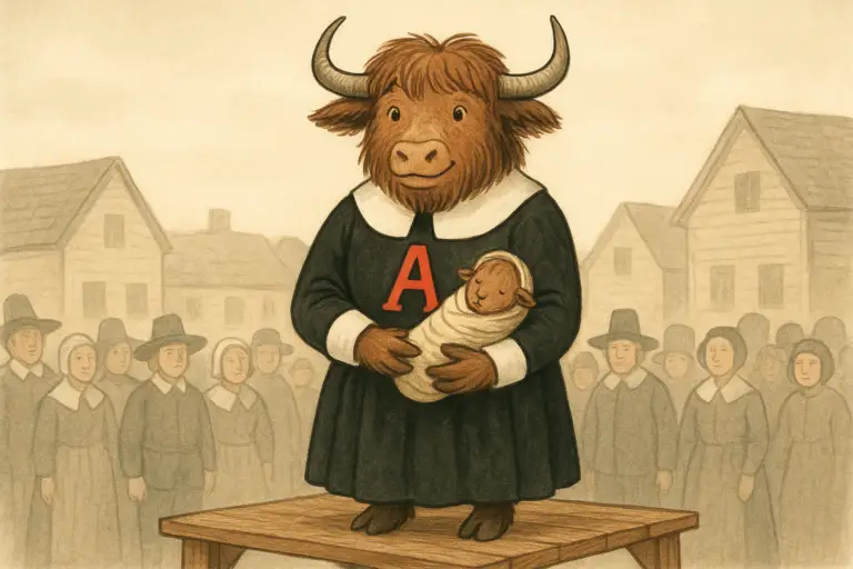 A friendly yak mascot dressed as a Puritan woman stands on a scaffold, holding a baby yak, with a red letter 'A' on her chest, in a colonial marketplace.