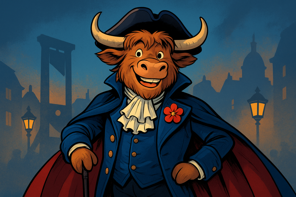 A yak mascot dressed as the Scarlet Pimpernel, wearing a blue coat and tricorn hat, with a red flower on his lapel, set against a moody Parisian backdrop.