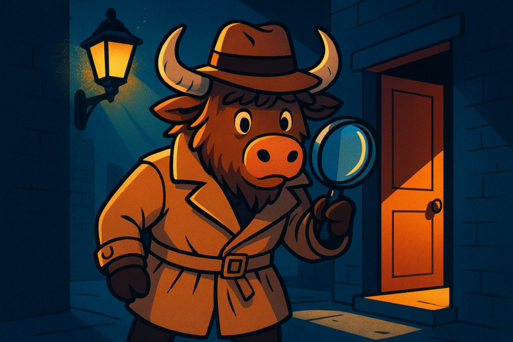A personified yak mascot dressed as a detective in a trench coat and hat, holding a magnifying glass in a dark alley at night.