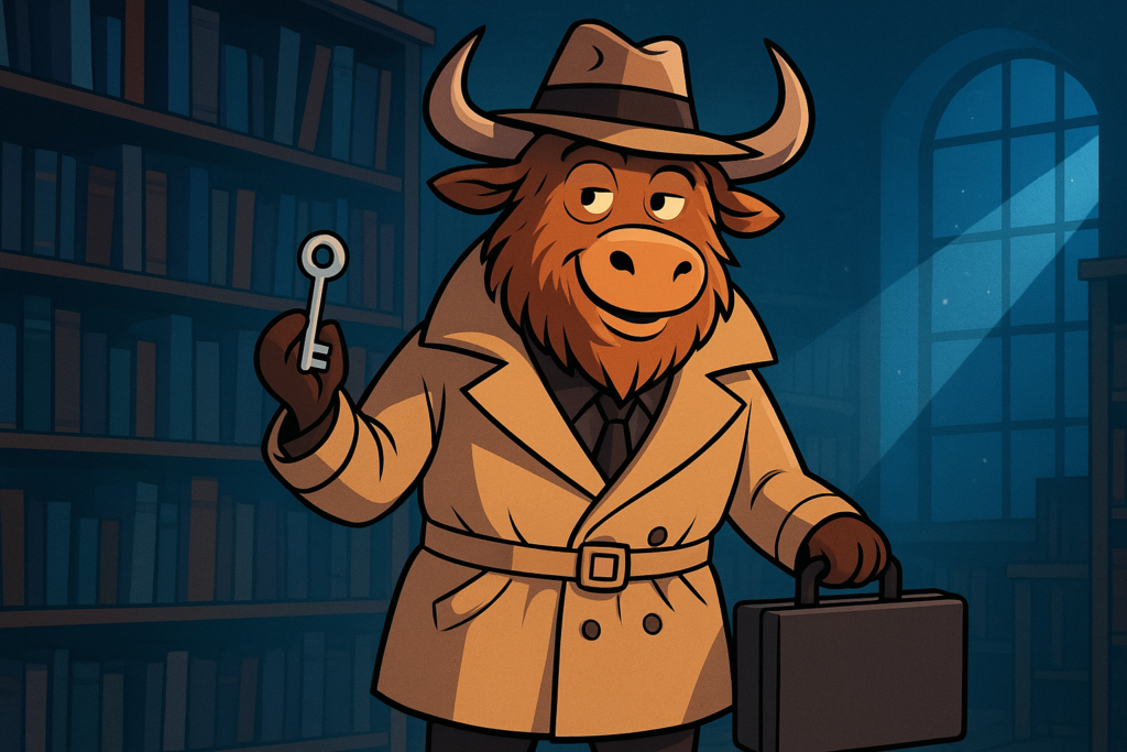 A personified yak wearing a trench coat and fedora, holding a silver key and a briefcase, standing in a moonlit library with bookshelves around.