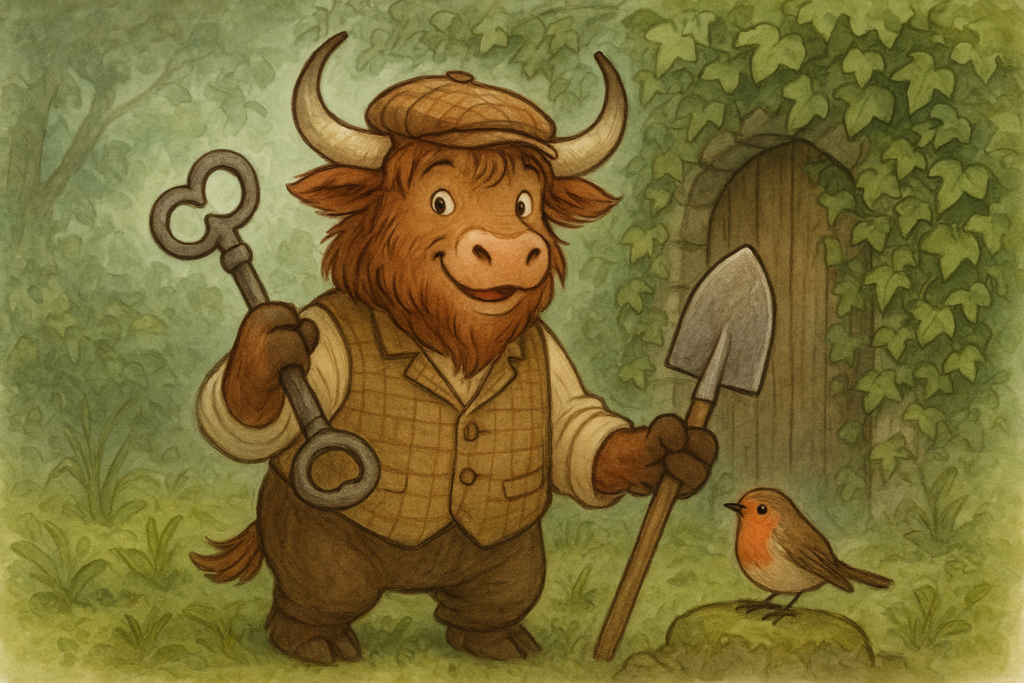 A yak mascot dressed as a gardener, holding a key and spade, beside an ivy-covered wall with a hidden door, a robin nearby.