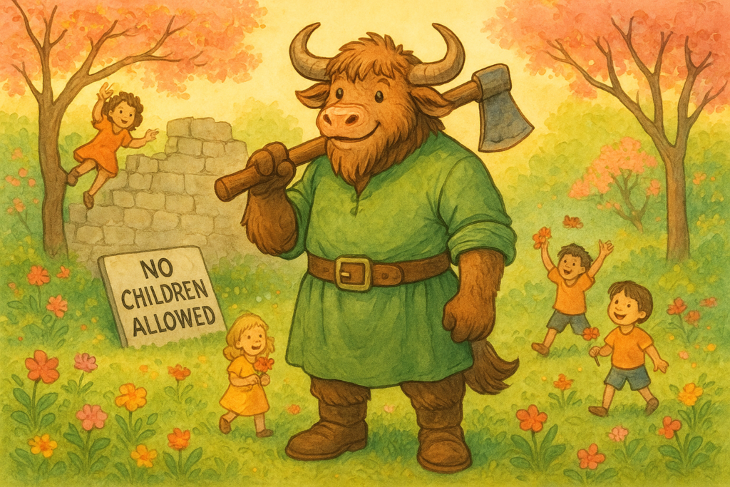 A personified yak mascot dressed as a friendly giant stands in a blooming garden, holding a wooden axe and surrounded by playful children. A broken stone wall and a fallen 'NO CHILDREN ALLOWED' sign are behind him.