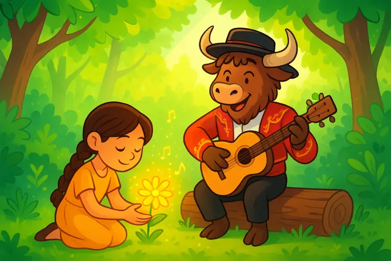 An editorial illustration of a yak mascot in a Spanish-style outfit playing a guitar next to a young girl with braids who kneels holding a glowing yellow singing flower in a sunny forest clearing.