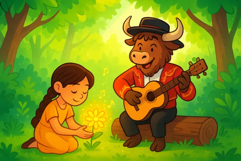 An editorial illustration of a yak mascot in a Spanish-style outfit playing a guitar next to a young girl with braids who kneels holding a glowing yellow singing flower in a sunny forest clearing.