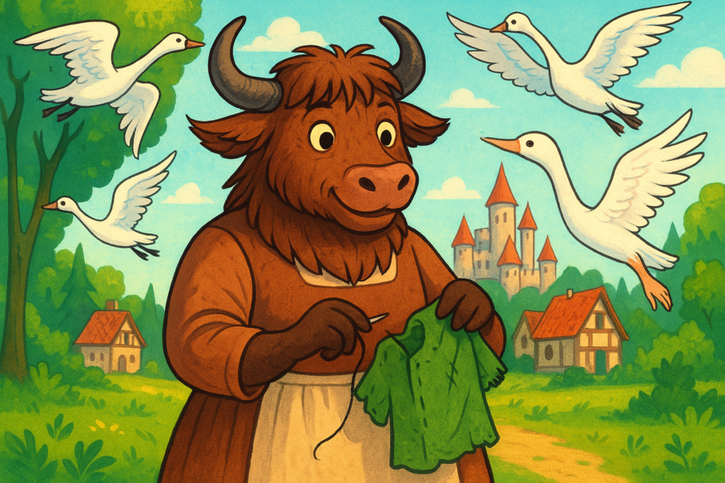 A personified yak dressed as a medieval peasant, sewing a nettle shirt while several white swans fly around her in a forest clearing.