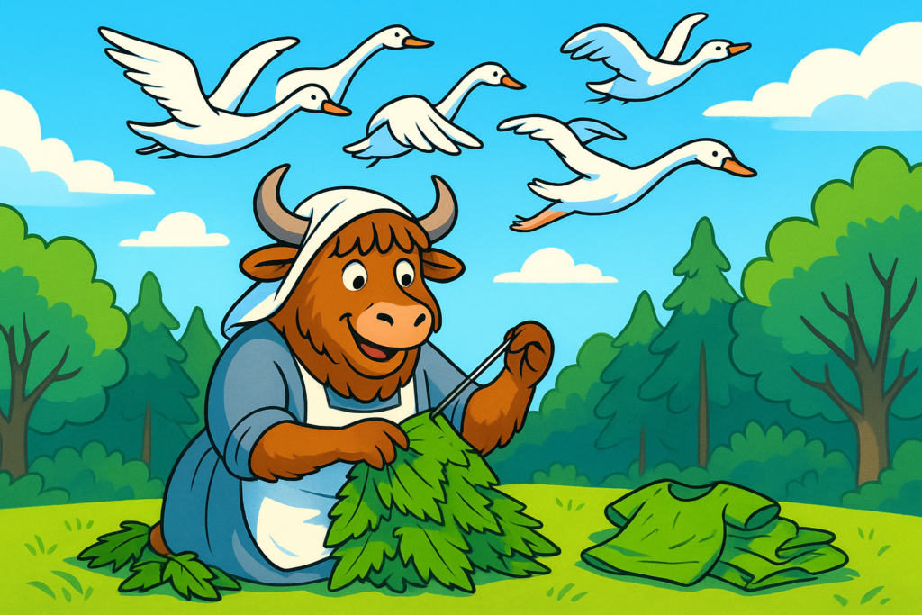 A Yak Yacker mascot, a personified yak with shaggy fur and curved horns, wearing a medieval dress and headscarf, sews a nettle shirt in the forest while six white swans fly down around her.
