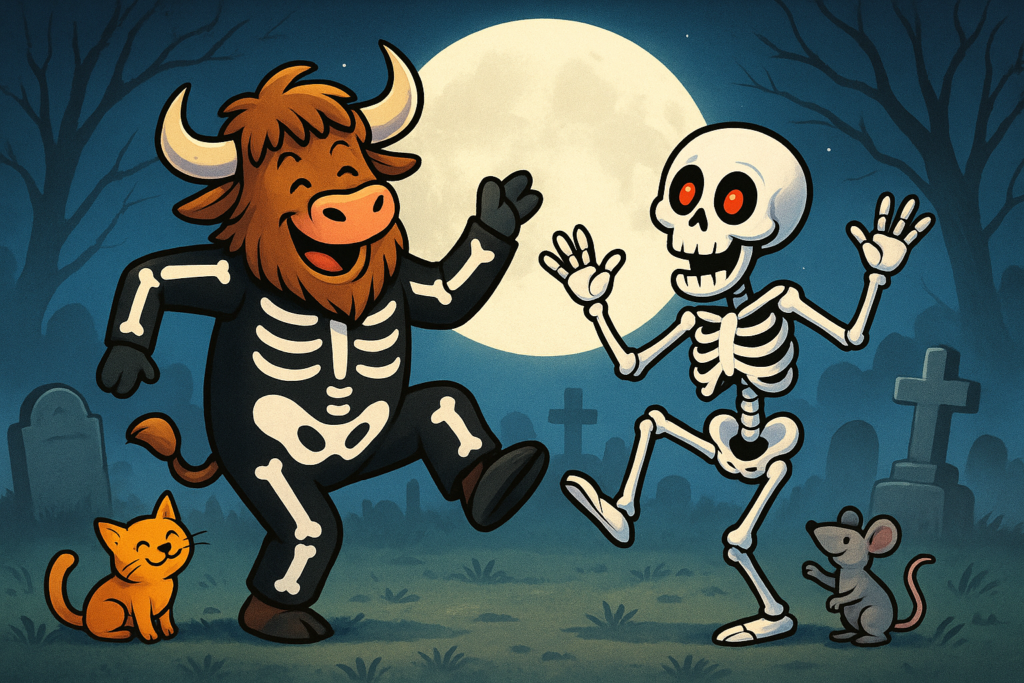 The Yak Yacker mascot, a personified yak in a skeleton costume, dances with a smiling skeleton in a moonlit graveyard, accompanied by a cat and a mouse.