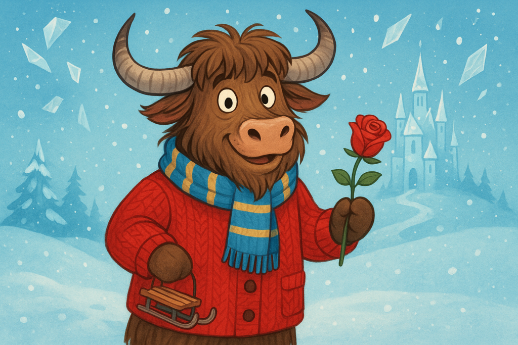 A personified yak wearing a bright red winter coat and scarf, holding a sled and a rose, stands in a snowy fairytale scene with an ice palace and floating mirror fragments.