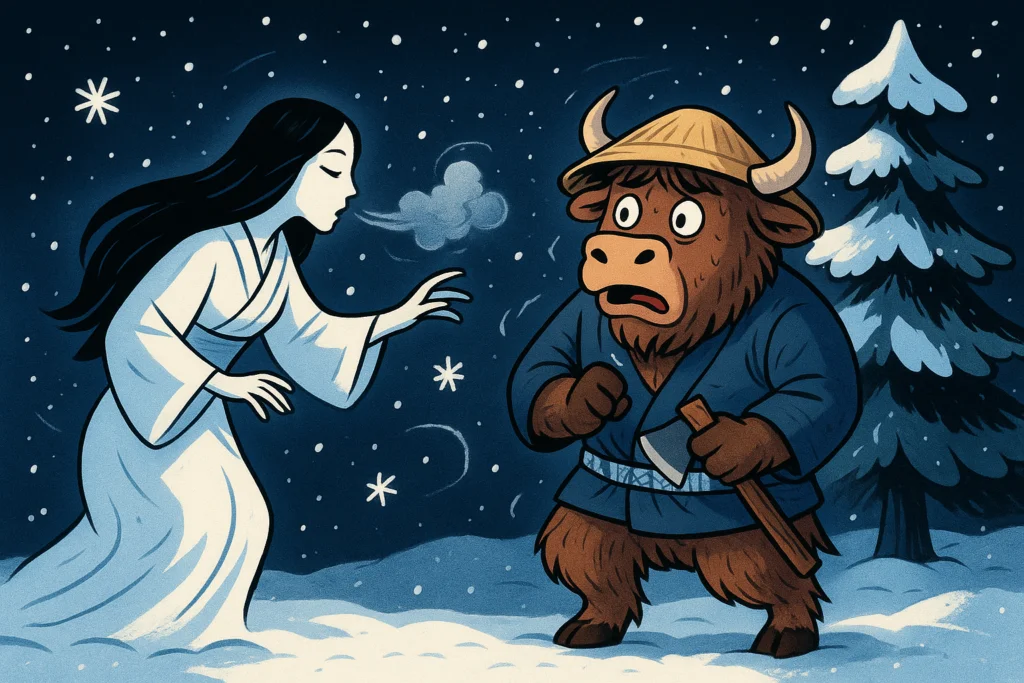 A shaggy yak dressed as a Japanese woodcutter cowers under a snow-laden tree as a pale Snow Woman in a white kimono reaches towards him, snowflakes swirling around them in a bright, high-contrast editorial illustration.