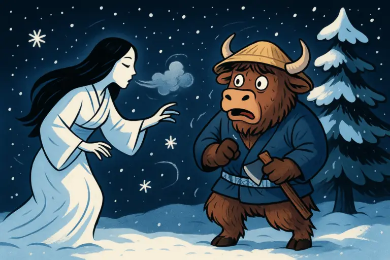 A shaggy yak dressed as a Japanese woodcutter cowers under a snow-laden tree as a pale Snow Woman in a white kimono reaches towards him, snowflakes swirling around them in a bright, high-contrast editorial illustration.