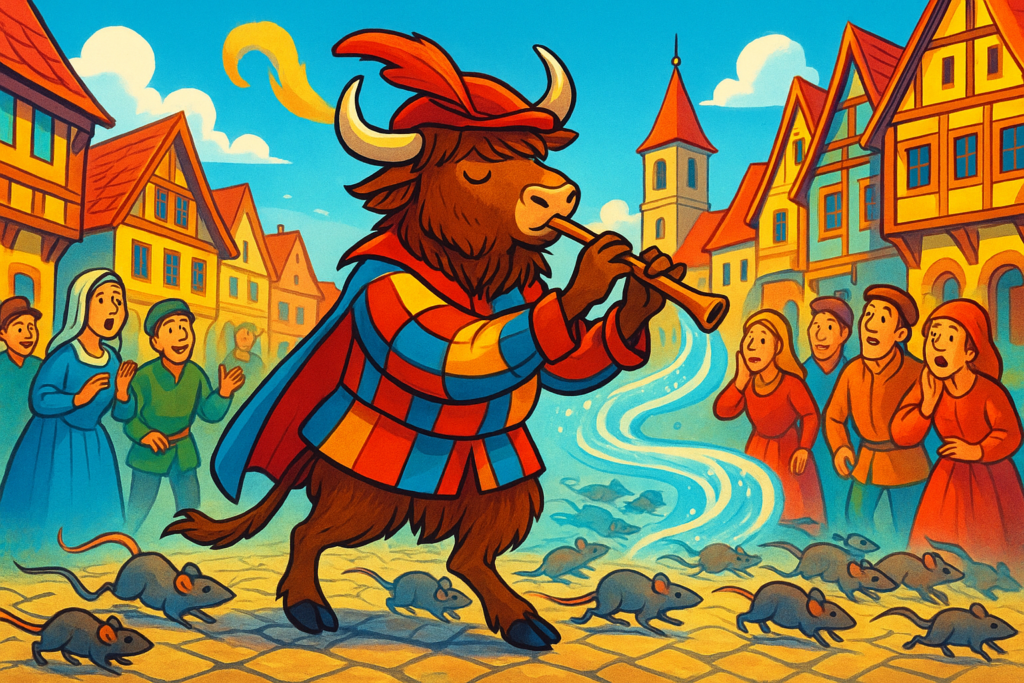 A personified yak dressed as the Pied Piper plays a colorful pipe in a bright Hamelin town square, leading a swirling river of rats, while townspeople watch in awe.