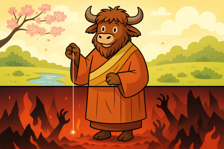 A friendly yak dressed in a Buddhist monk's robe holds a glowing spider's thread between a serene garden and a blazing hell in an editorial illustration.