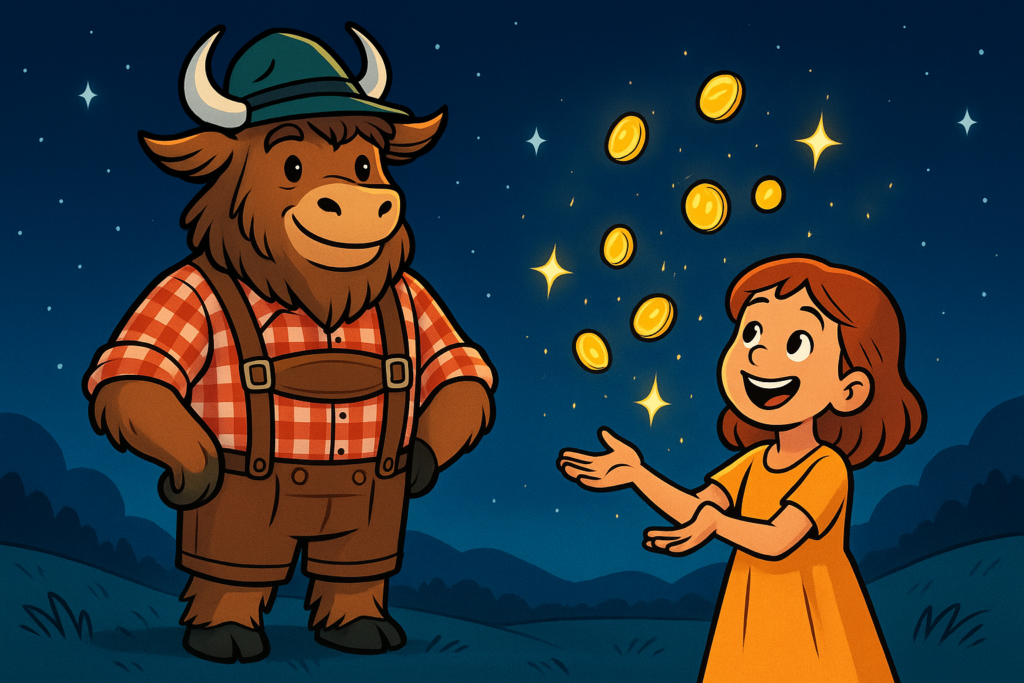 A personified yak mascot in lederhosen and a Tyrolean hat stands beside a little girl who catches falling star-shaped coins under a starry sky.