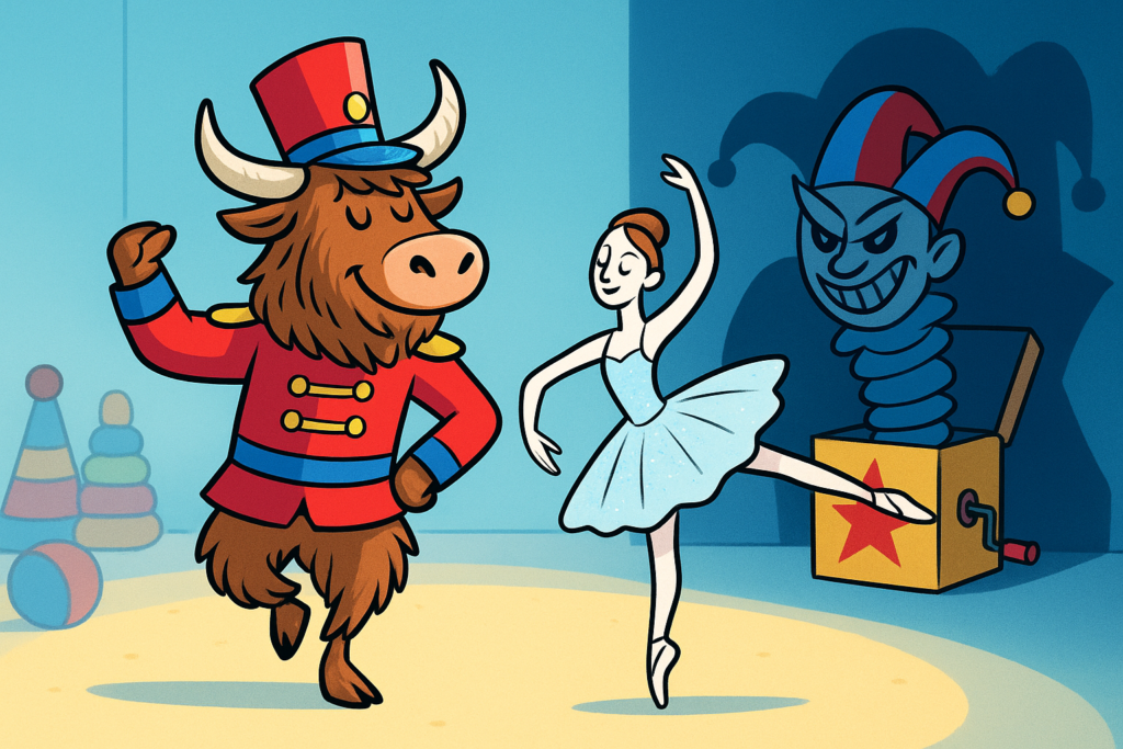 A personified yak dressed as a one-legged tin soldier stands next to a paper ballerina, with a jack-in-the-box glaring from the shadows.