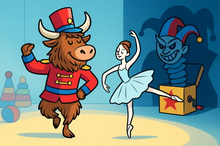 A personified yak dressed as a one-legged tin soldier stands next to a paper ballerina, with a jack-in-the-box glaring from the shadows.