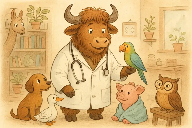 A personified yak dressed as a friendly doctor stands among several talking animals, including a parrot on his hoof, a dog, a duck with a bandage, a pig, an owl, and a two-headed pushmi-pullyu in a cozy animal clinic.