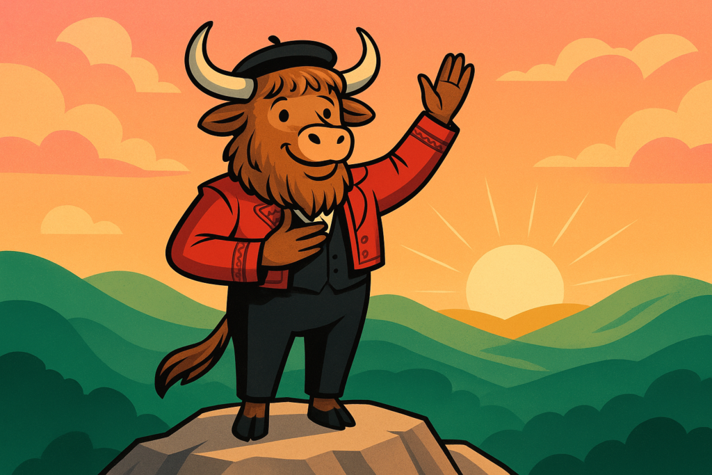 A personified yak in a red matador jacket and black beret stands on a rocky hilltop, waving at a glowing sunrise over green hills. The sky is painted in pink, orange, and gold.