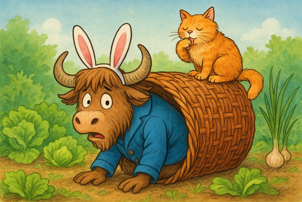 A personified yak with shaggy fur and curved horns, wearing a blue coat and bunny ears, peeks out nervously from under a wicker basket while a ginger cat sits on top.