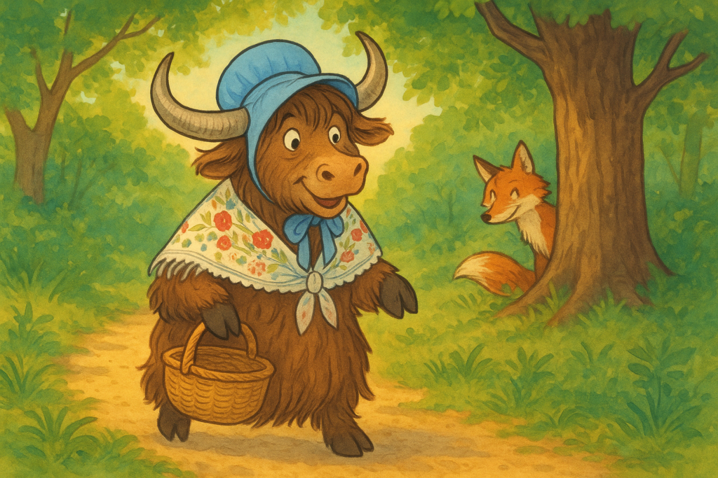 A personified yak wearing a blue bonnet and shawl, carrying a basket, walking in a sunny wood, while a fox peeks from behind a tree.