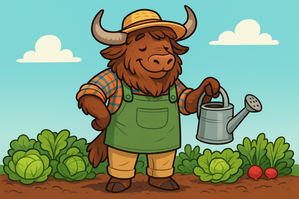 A cartoon yak dressed as a gardener stands in a vegetable patch, holding a watering can, while a small white rabbit hides among the cabbages.