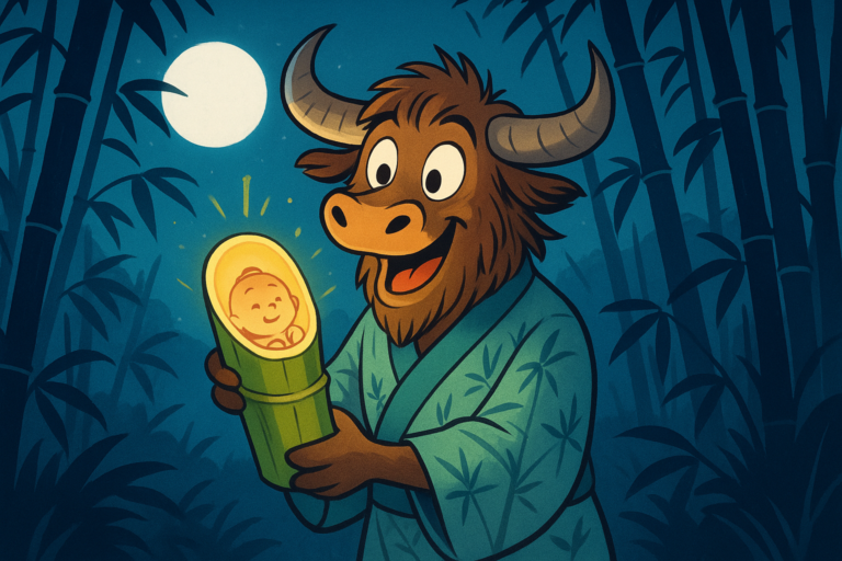 A personified yak in a kimono stands in a moonlit bamboo forest, holding a glowing bamboo stalk with a tiny glowing baby inside. The yak looks warm and amazed.