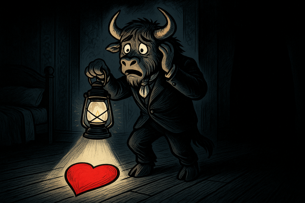 A yak mascot dressed in a Victorian suit holds a lantern, lighting up a beating heart beneath the floorboards while clutching his ear in distress.