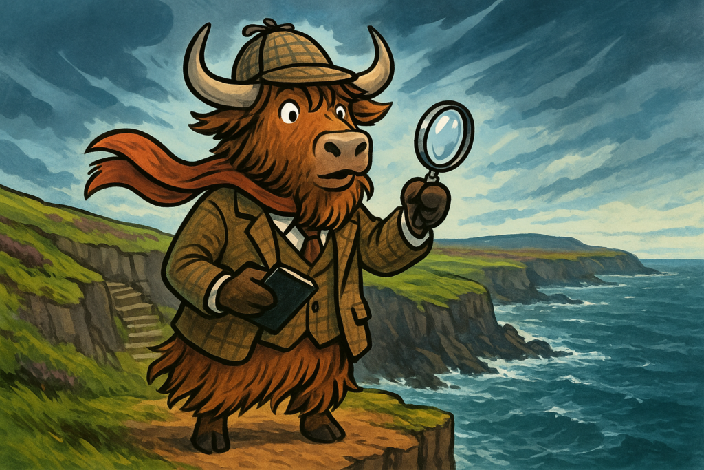 A personified yak in a tweed suit and deerstalker hat stands on a cliff edge, holding a black notebook and magnifying glass, with stone steps leading down to the sea behind him.