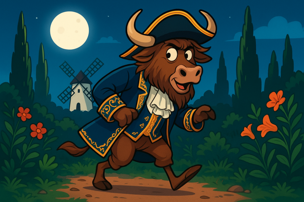 The Yak Yacker mascot, a personified yak with shaggy fur and curved horns, dressed as a Spanish magistrate in a three-cornered hat, sneaking through a moonlit garden in a fun editorial illustration.