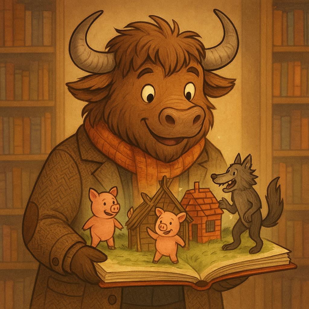 A cheerful yak dressed in pig overalls and a straw hat stands proudly next to a slanted straw house, while a cartoon wolf with puffed cheeks prepares to blow it down.