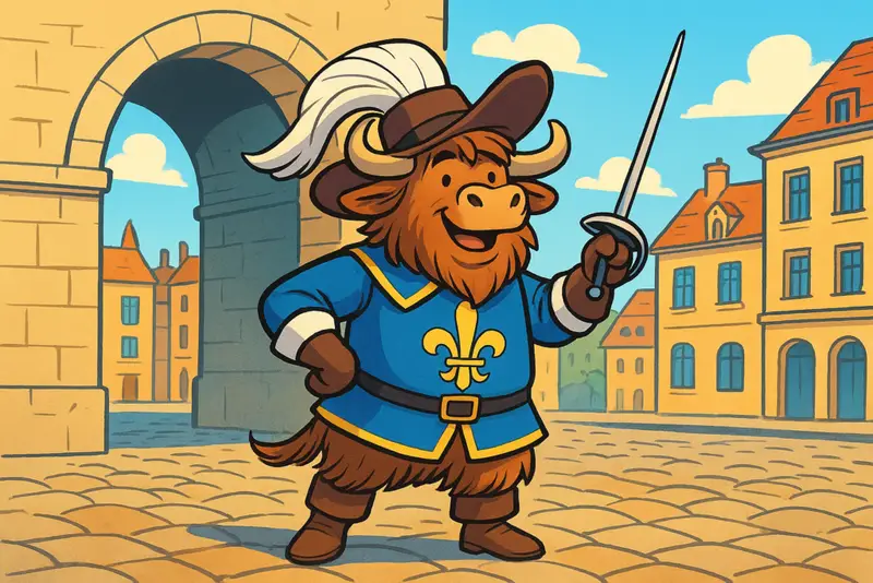 A cartoon yak dressed as a musketeer with a blue tunic, feathered hat, and rapier, standing in a Parisian alley.