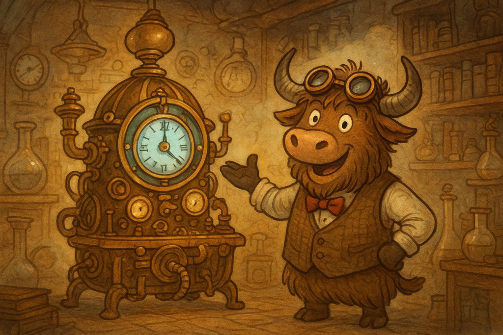 A personified yak in Victorian inventor attire gestures toward a glowing brass and crystal time machine in a cluttered laboratory.