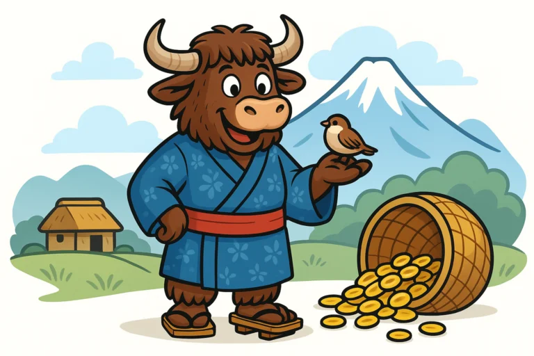 A personified yak mascot in a blue kimono holds a small sparrow gently in its hoof-hands, with a treasure basket and mountain scenery behind, illustrating the Japanese folktale The Tongue-Cut Sparrow.