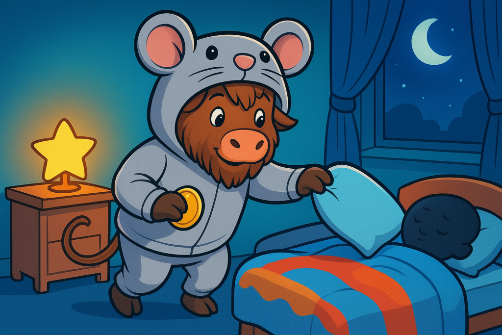 A personified yak with shaggy fur and curved horns, dressed in a mouse costume with a hood and ears, tiptoes into a child's bedroom at night, holding a coin and reaching under a pillow where a tooth lies.