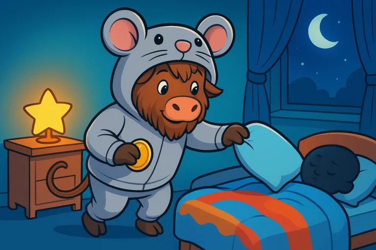 A personified yak with shaggy fur and curved horns, dressed in a mouse costume with a hood and ears, tiptoes into a child's bedroom at night, holding a coin and reaching under a pillow where a tooth lies.
