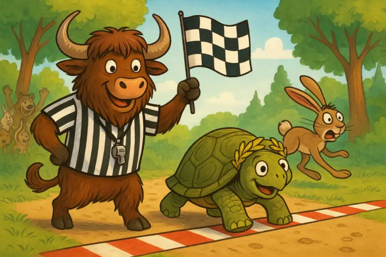 A personified yak mascot in a referee's shirt and holding a checkered flag celebrates as a tortoise wearing a laurel wreath crosses a finish line, with a hare looking shocked behind.