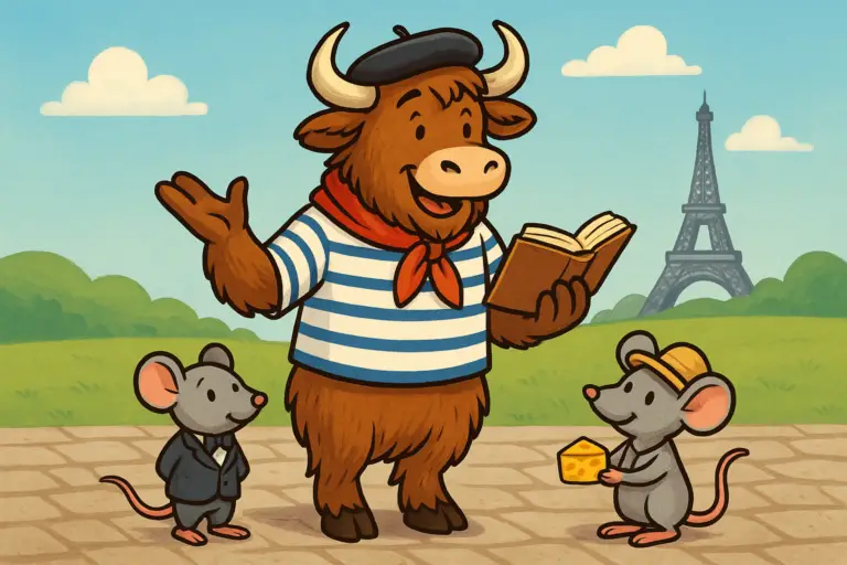 A yak mascot with shaggy fur and curved horns, dressed in a beret, striped shirt, and red scarf, standing with two mice-one in a suit, one in a straw hat-against a backdrop combining city and countryside elements.