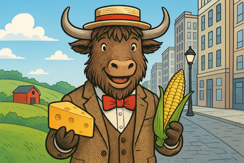 A personified yak mascot with shaggy fur and curved horns, wearing a tweed jacket, red bow tie, and straw hat, holding cheese and corn. Behind him, a split background shows a countryside farm on the left and a city skyline on the right.