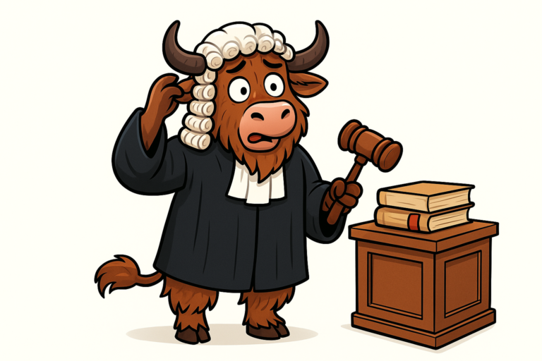 A personified yak judge with a wig and robe, holding a gavel and scratching his head, looking puzzled in a bright editorial cartoon.