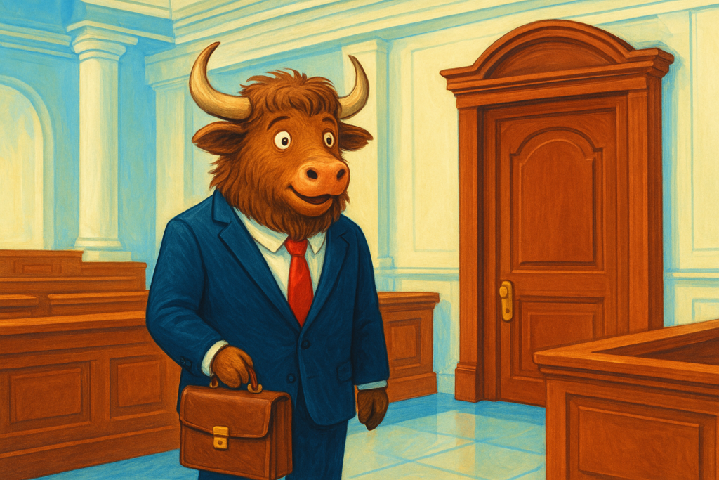 A personified yak mascot dressed in a blue suit and red tie, holding a brown briefcase, stands in a bright courtroom in front of a large wooden door, looking up at it with a puzzled expression. The illustration has high contrast and lively colors.