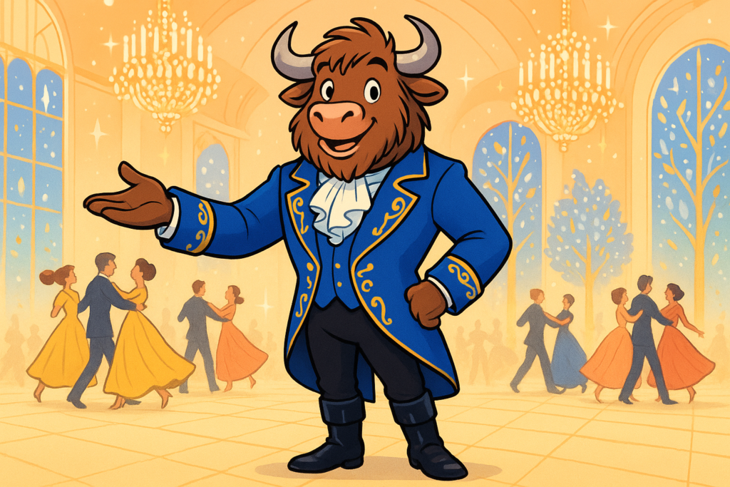 A personified yak mascot dressed as a prince in a blue tailcoat with gold trim, standing in a ballroom and holding out a hoof hand, with a magical forest of silver and gold trees in the background.