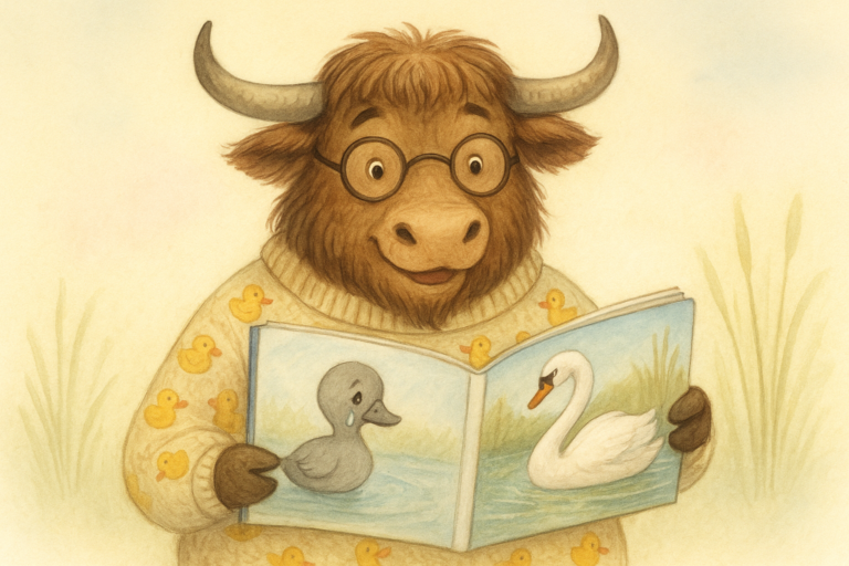 A shaggy yak in a duck-patterned sweater and glasses reads a large picture book showing the Ugly Duckling and a swan.