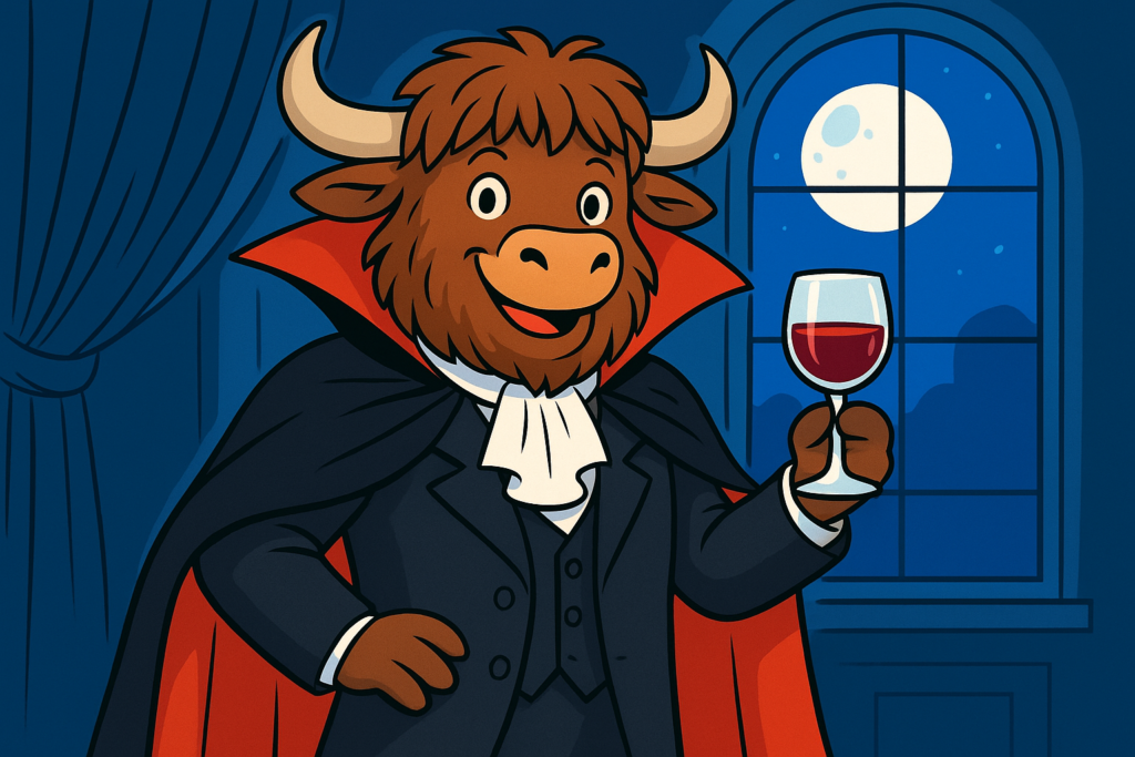 A cartoon of a yak mascot with shaggy fur and curved horns, dressed in a vampire cape and holding a glass of red liquid, standing in a moonlit room. The illustration is bright and high-contrast with a fun, editorial style.
