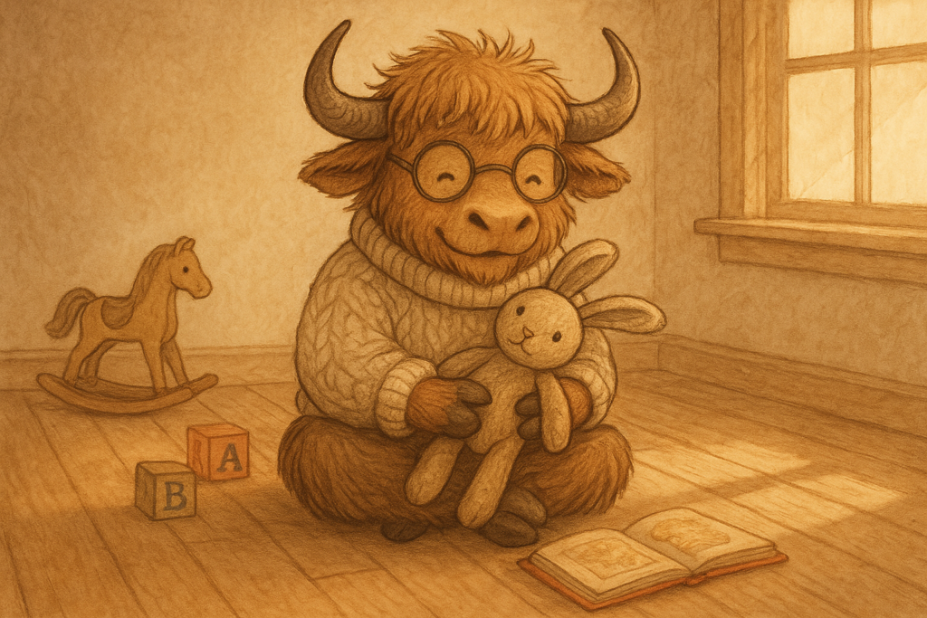 A friendly yak mascot in a cozy sweater and glasses sits on a nursery floor, holding a worn velveteen rabbit toy in its hooves. Soft sunlight comes through a window, and wooden toys and blocks are scattered around.