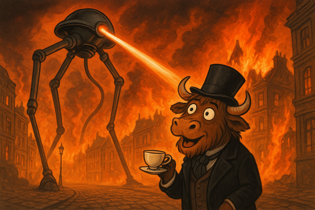 A giant metal tripod strides through a burning Victorian city, its heat-ray destroying buildings. In the foreground, a personified yak in Victorian gentleman's clothing, including a top hat and tailcoat, holds a teacup and looks up in comical shock.